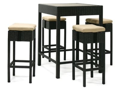 Барный комплект стол и четыре высоких стула темно-коричневого цвета в комплекте с подушками