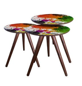 Круглий дерев'яний стіл з розписною стільницею на трьох ніжках. Фото 1